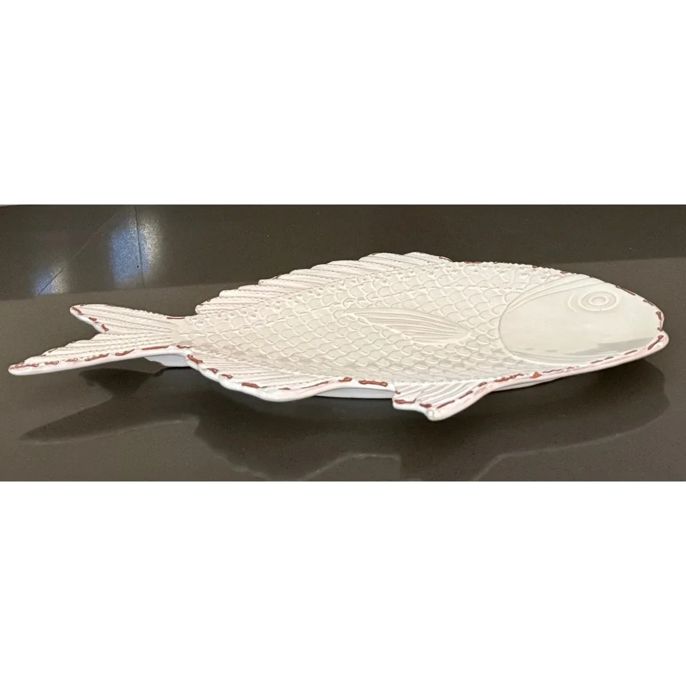Vtg Mud‎ Pie White Ceramic Fish Platter Embossed Scale Coastal Serving Tray